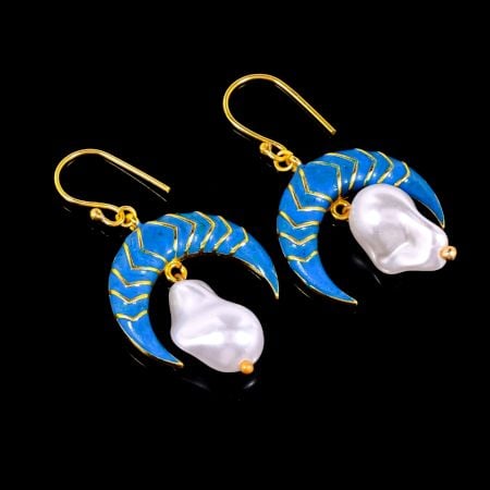 Blue Enamel and Pearl Crescent Moon Dangle Earrings for Women in Brass with 22k Gold Plating